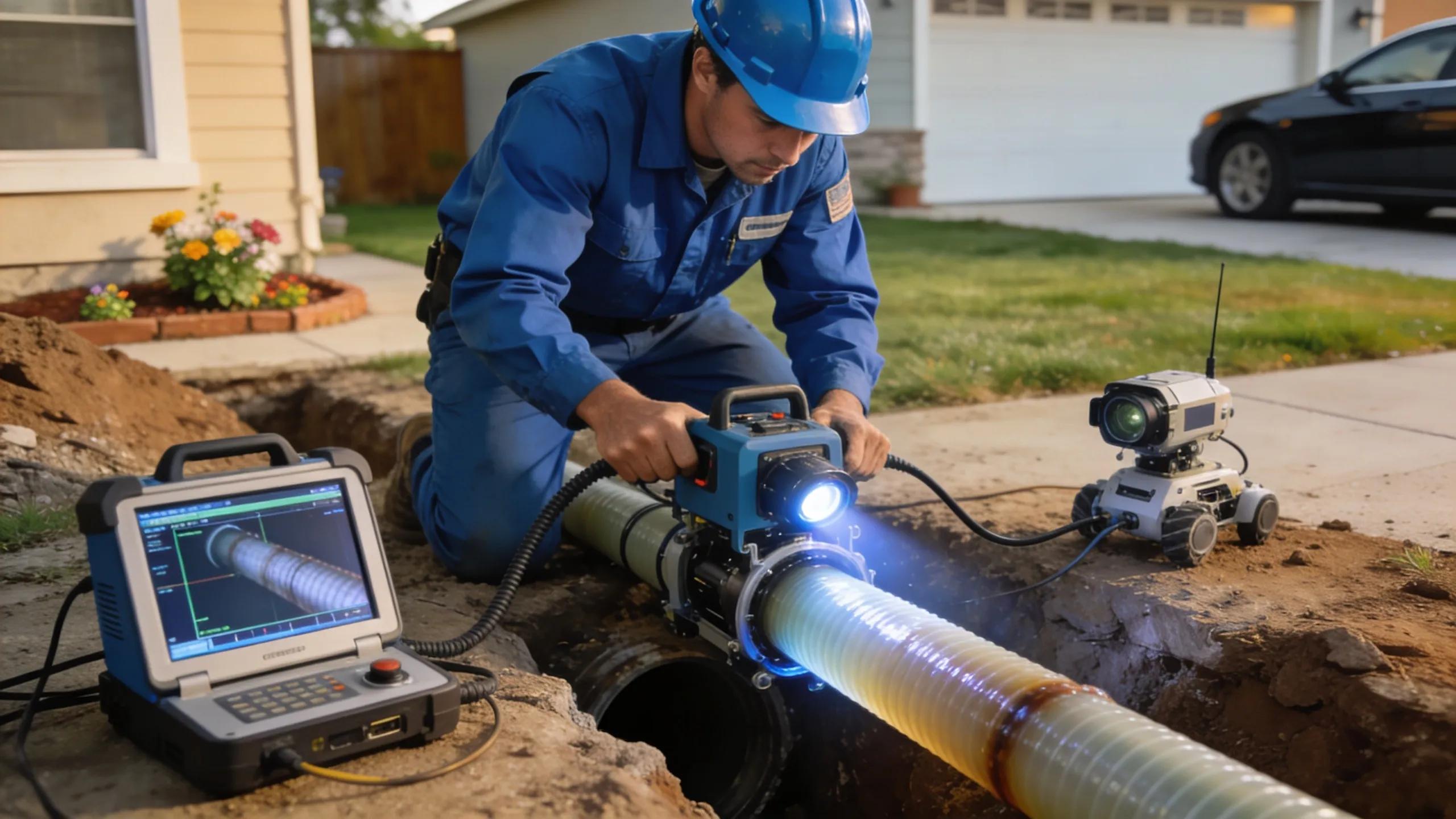 Technician performing trenchless sewer pipe repair using pipe bursting method