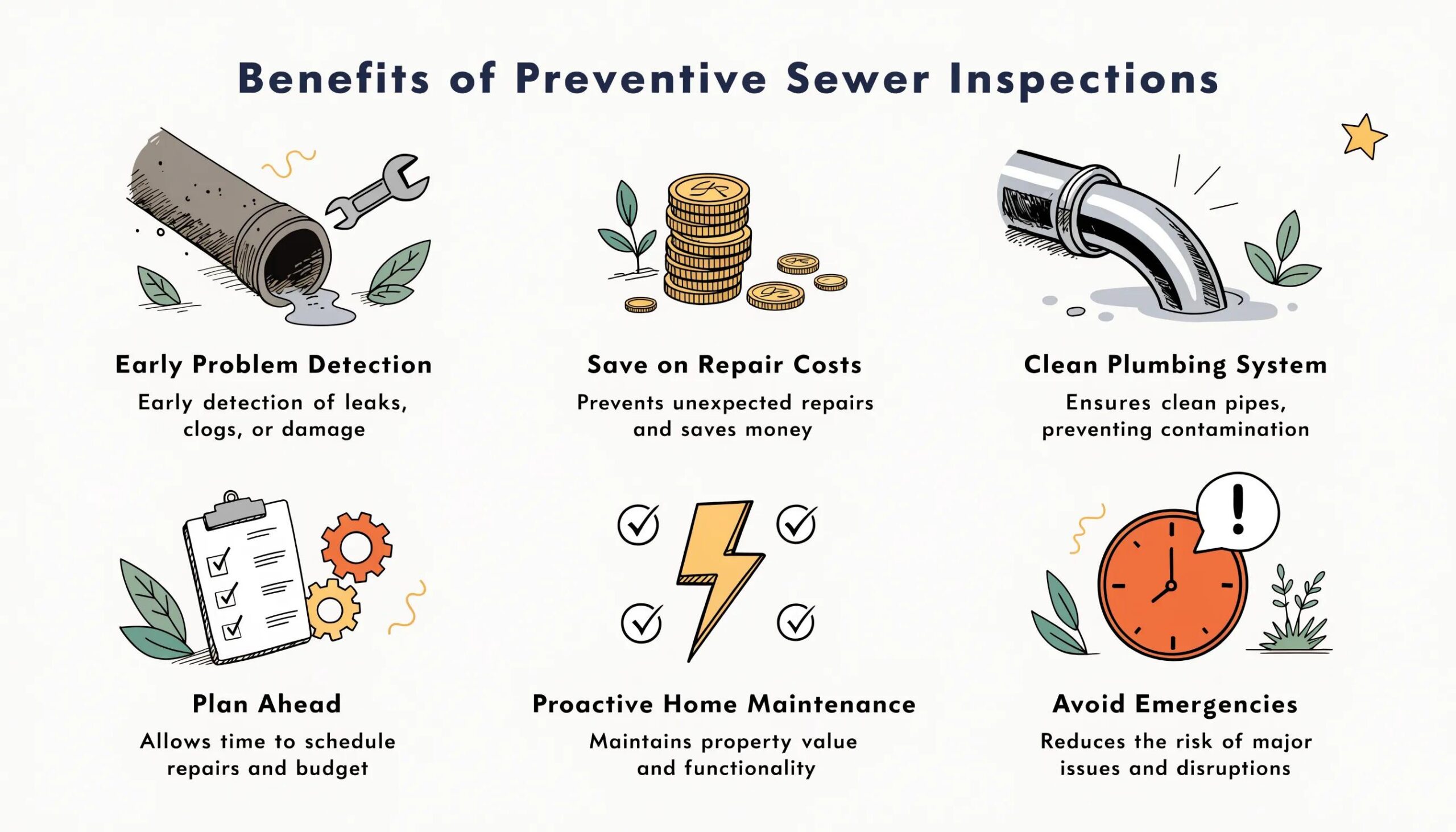 Benefits of preventive sewer inspection showcasing leak detection, cost savings, and sanitary conditions