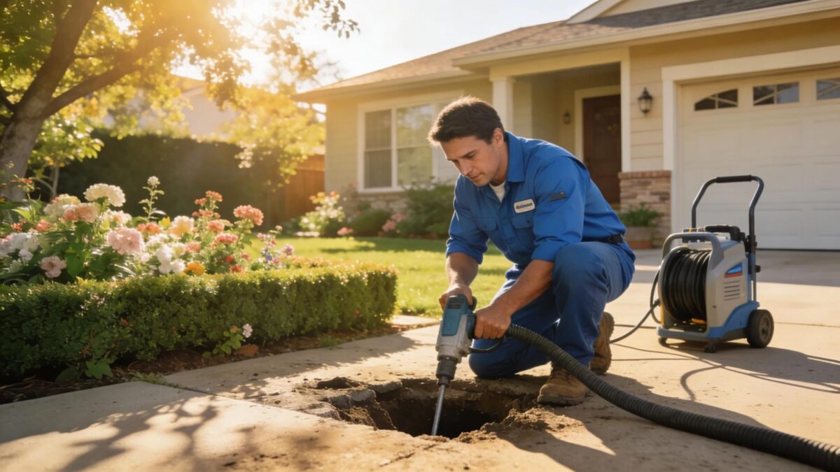 Plumber performing trenchless sewer repair outside a home, emphasizing affordable solutions