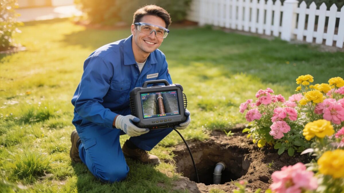 Plumber using trenchless technology to inspect a residential sewer line, emphasizing advanced plumbing solutions
