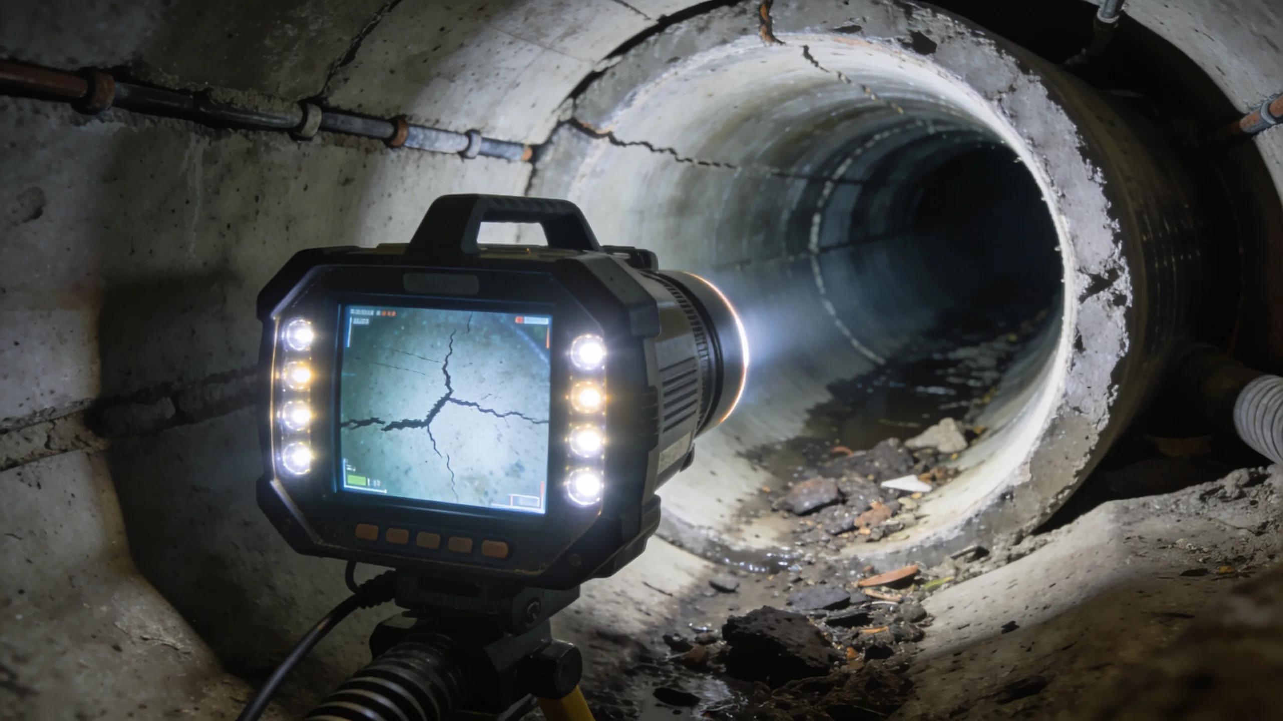High-resolution video sewer camera inspecting the interior of a sewer pipe
