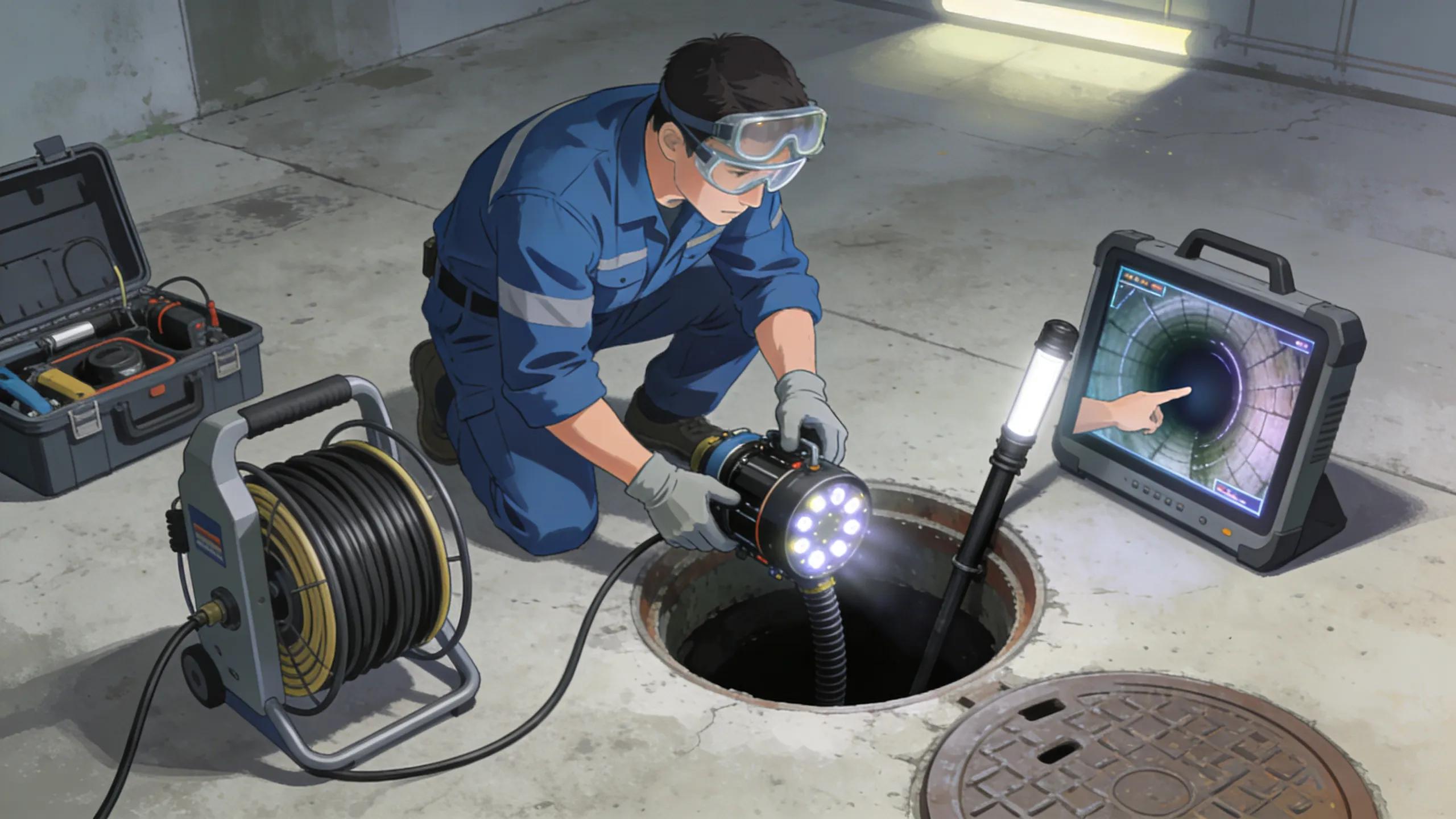 Technician executing steps of sewer line camera inspection using advanced equipment