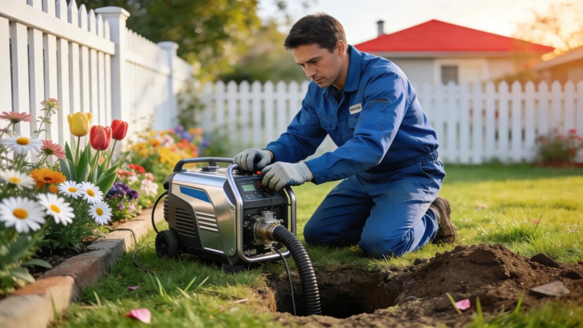 Technician performing trenchless sewer repair in a residential yard, illustrating modern plumbing solutions