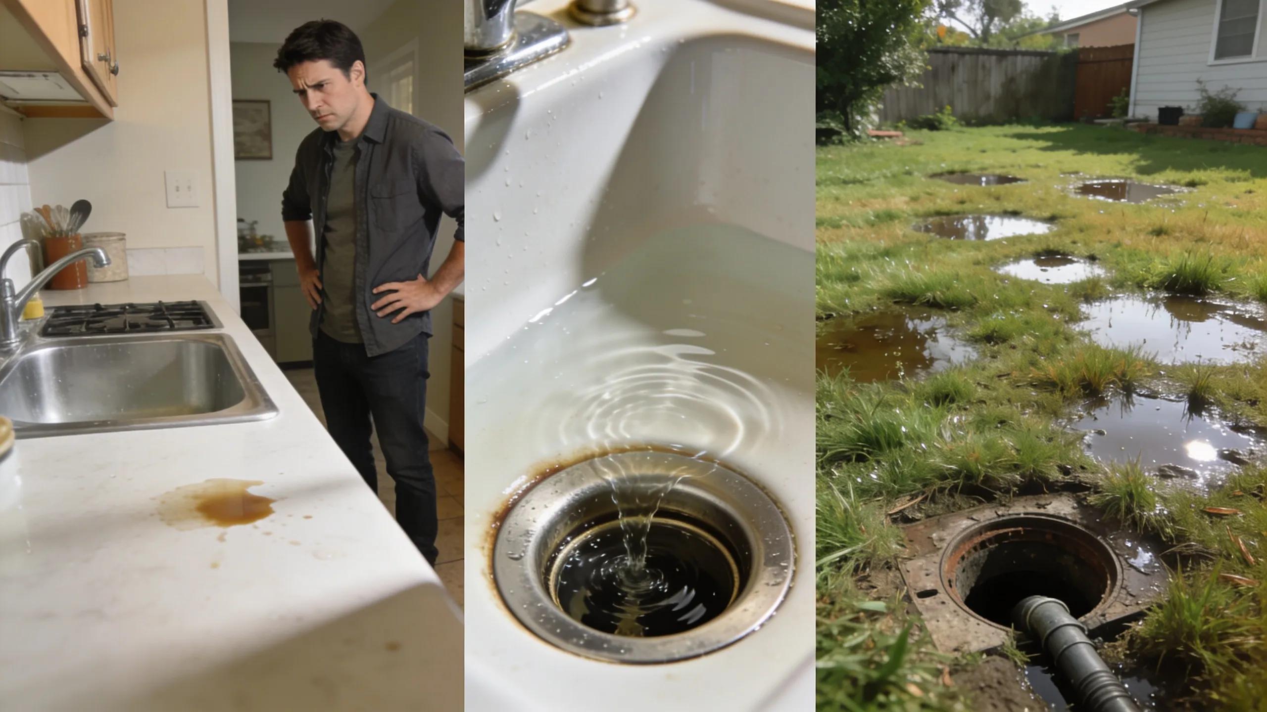 Common signs of sewer line issues including slow drains and yard flooding