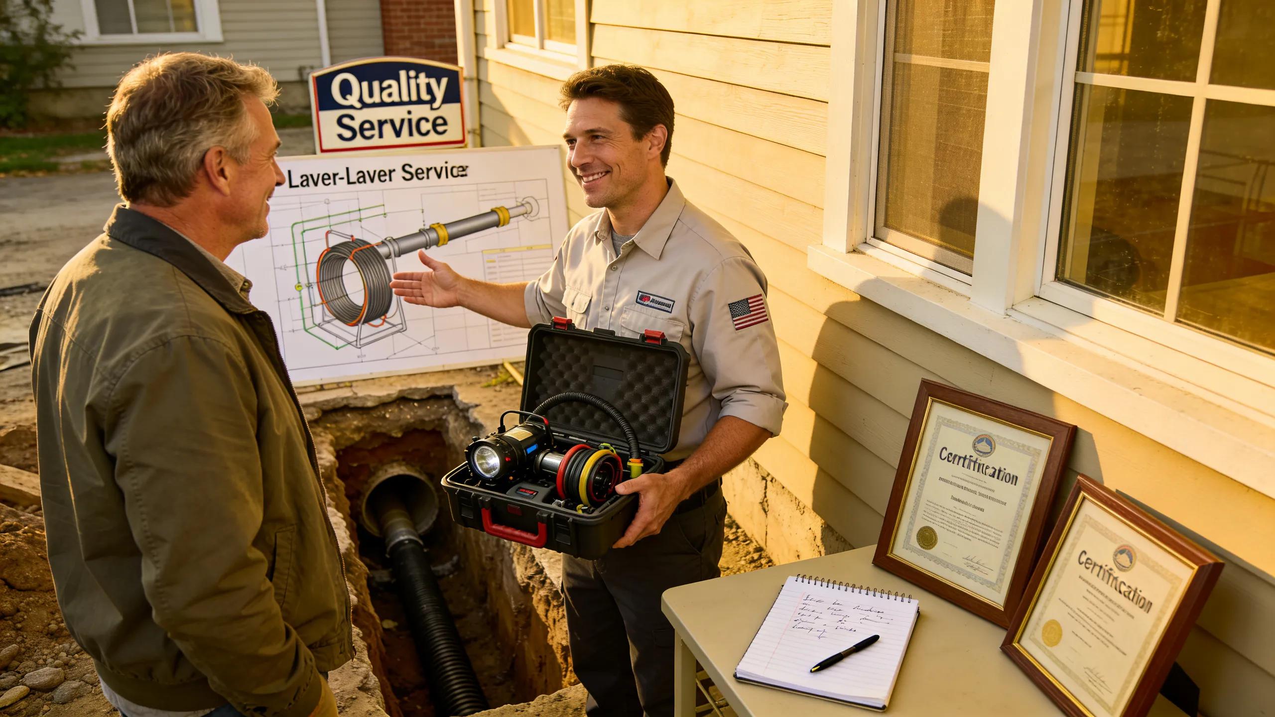 Homeowner consulting with a contractor about trenchless sewer repair options