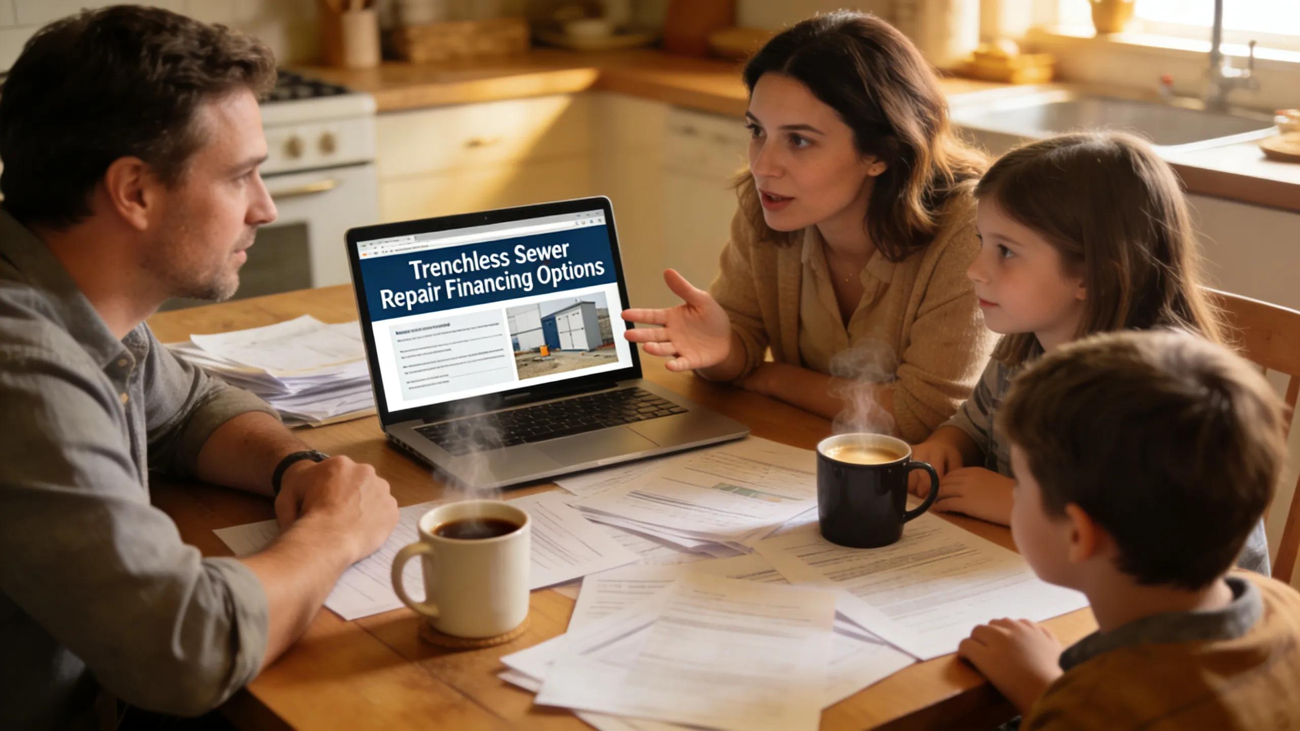 Family discussing financing options for trenchless sewer repair at home, showcasing planning and support