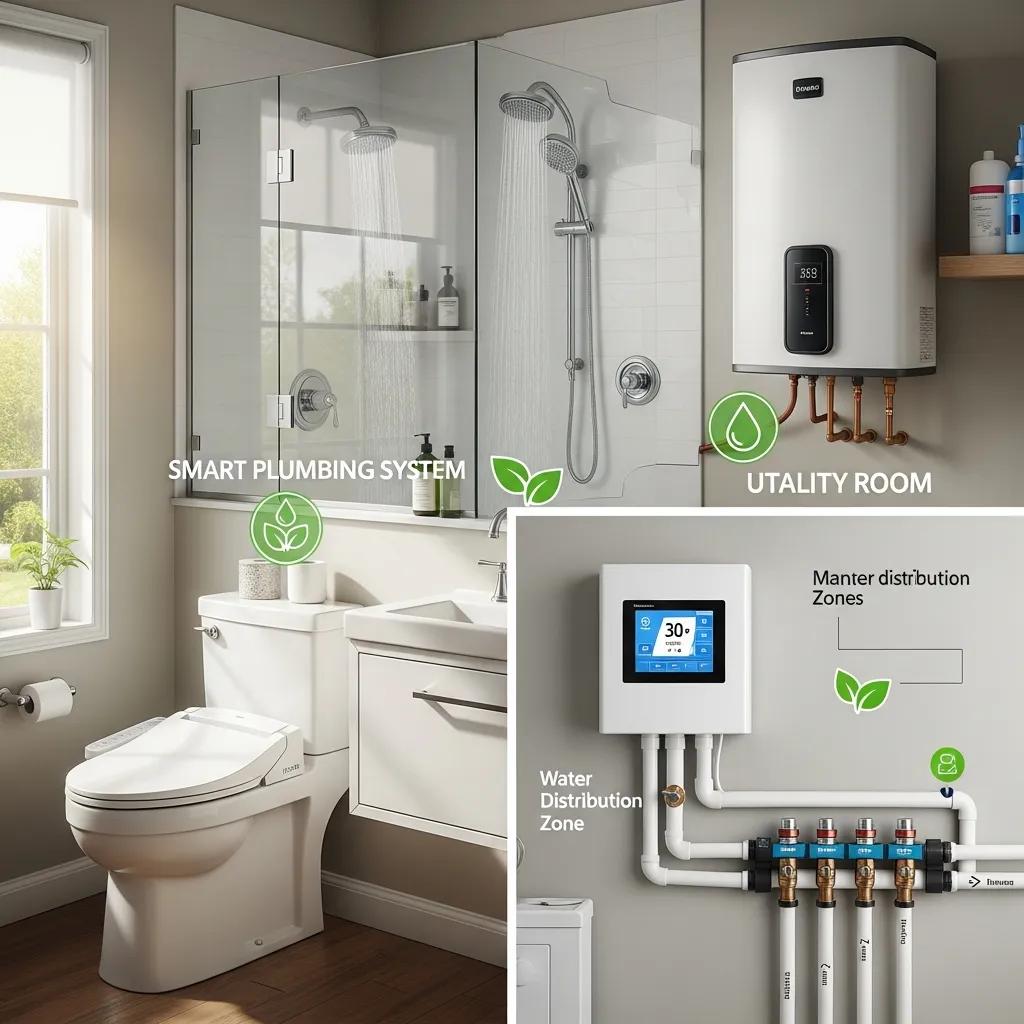 Energy-efficient plumbing upgrades including low-flow toilets and tankless water heaters in a modern home setting