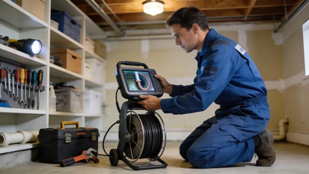 Professional sewer line inspection using advanced technology in a home setting