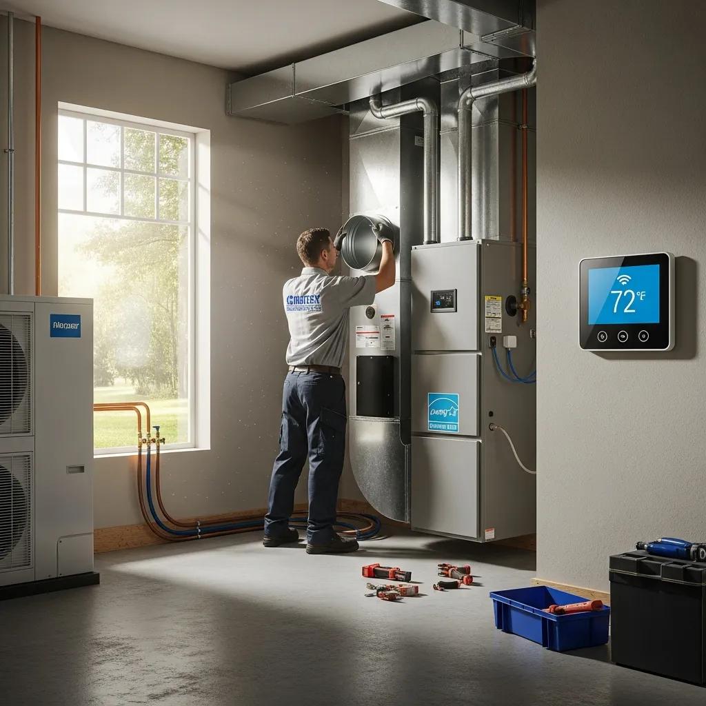 Technician installing a modern HVAC system with Energy Star rating in a residential home