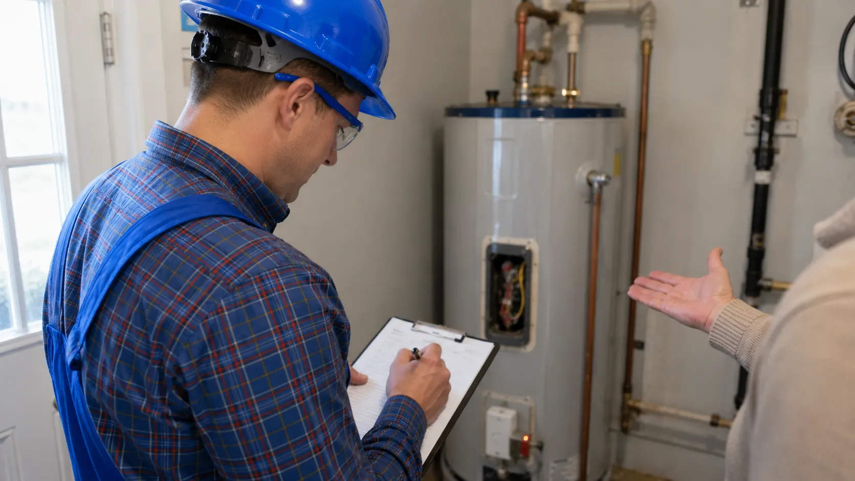 Technician providing a written water heater repair estimate to a homeowner