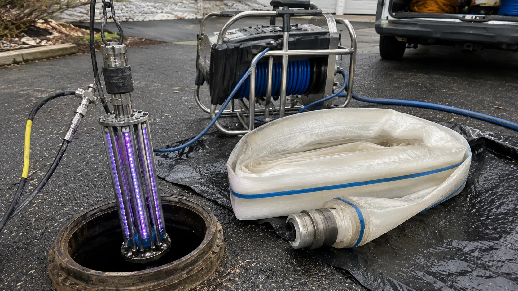 CIPP UV-cured liner installation inside a sewer pipe