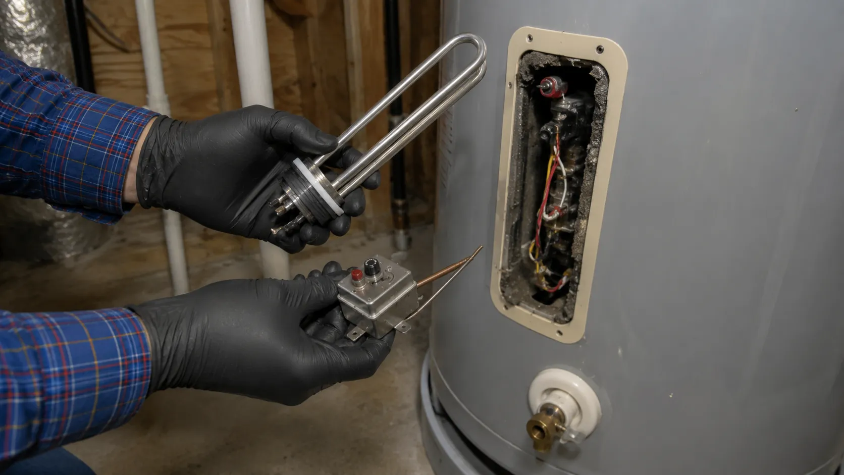 Water heater replacement parts including heating element and valves