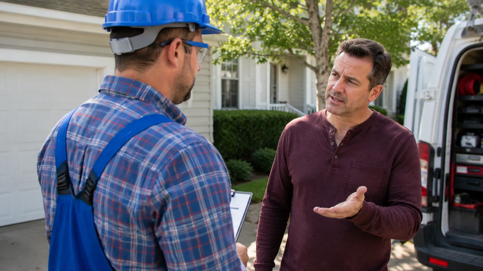 Homeowner reviewing an emergency plumbing estimate with a technician
