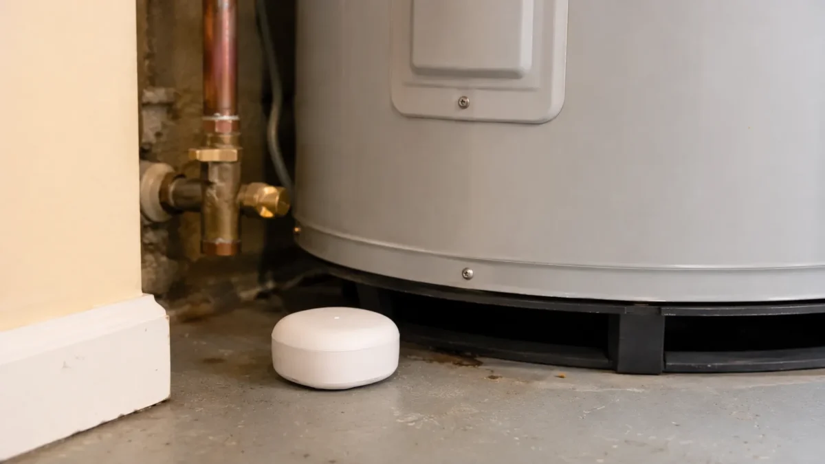 Homeowner checking a smart leak detection sensor near a water heater