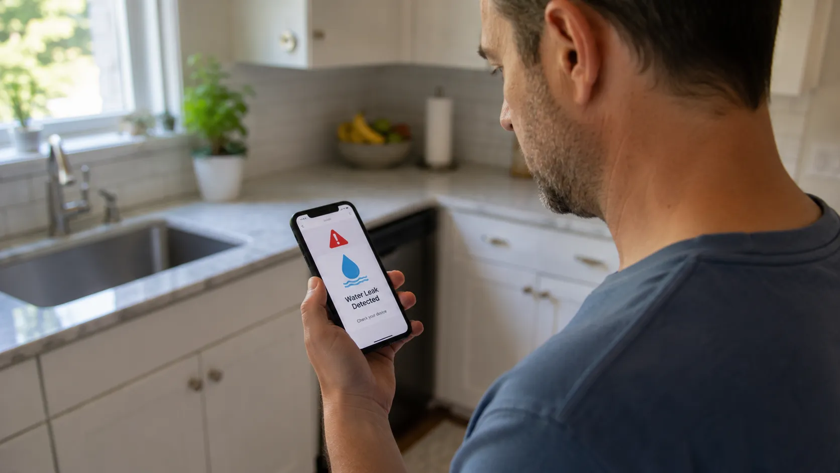 Smart phone app showing a real-time leak detection alert notification