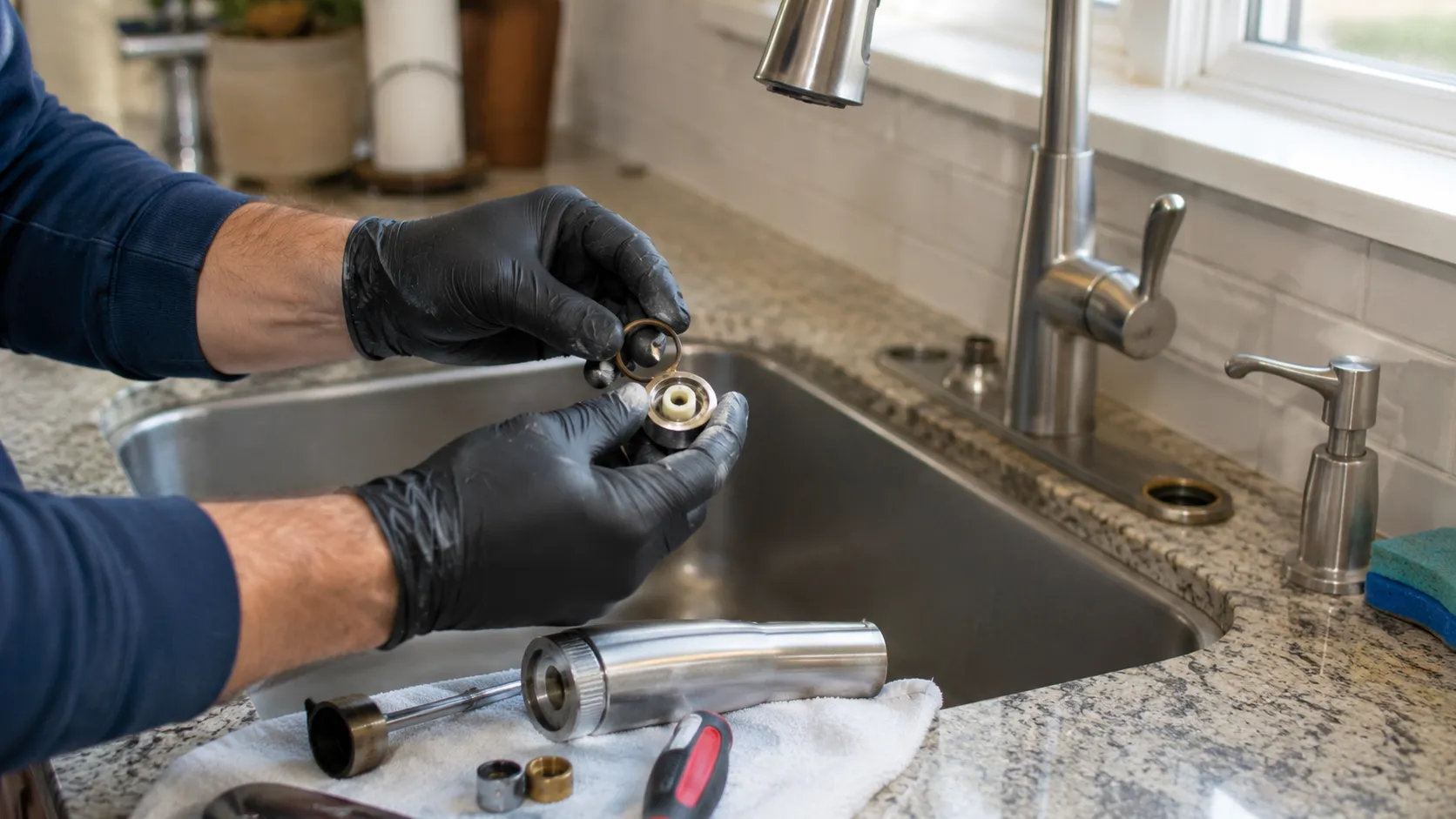 Close-up of a leaky faucet repair showing worn washer and valve parts