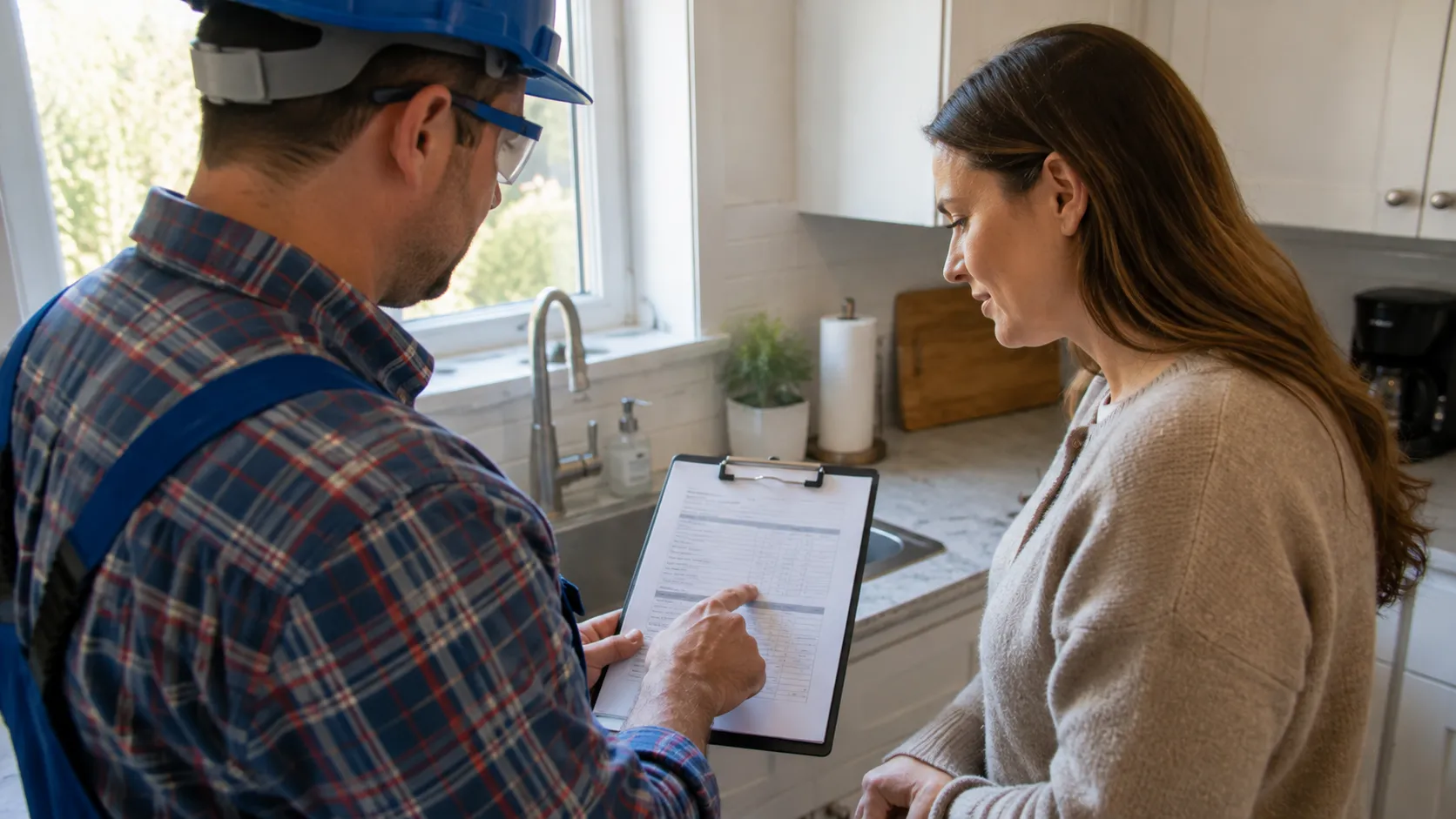 Plumber explaining upfront pricing for an emergency repair