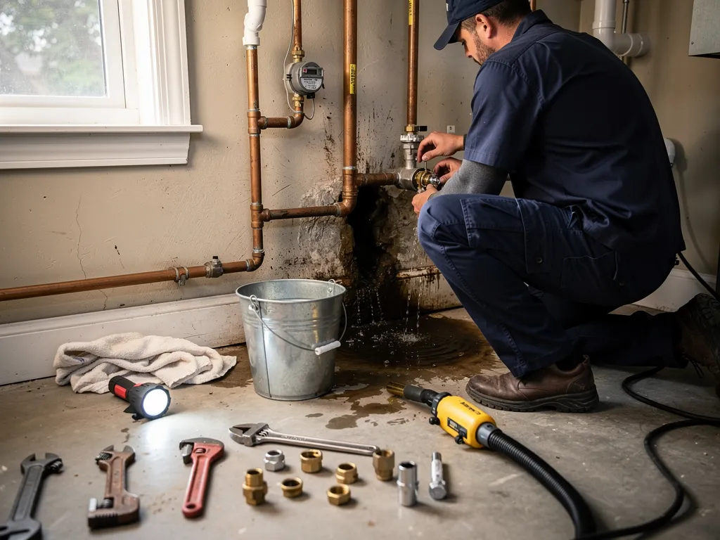 Plumber shutting off water valve during a burst pipe emergency