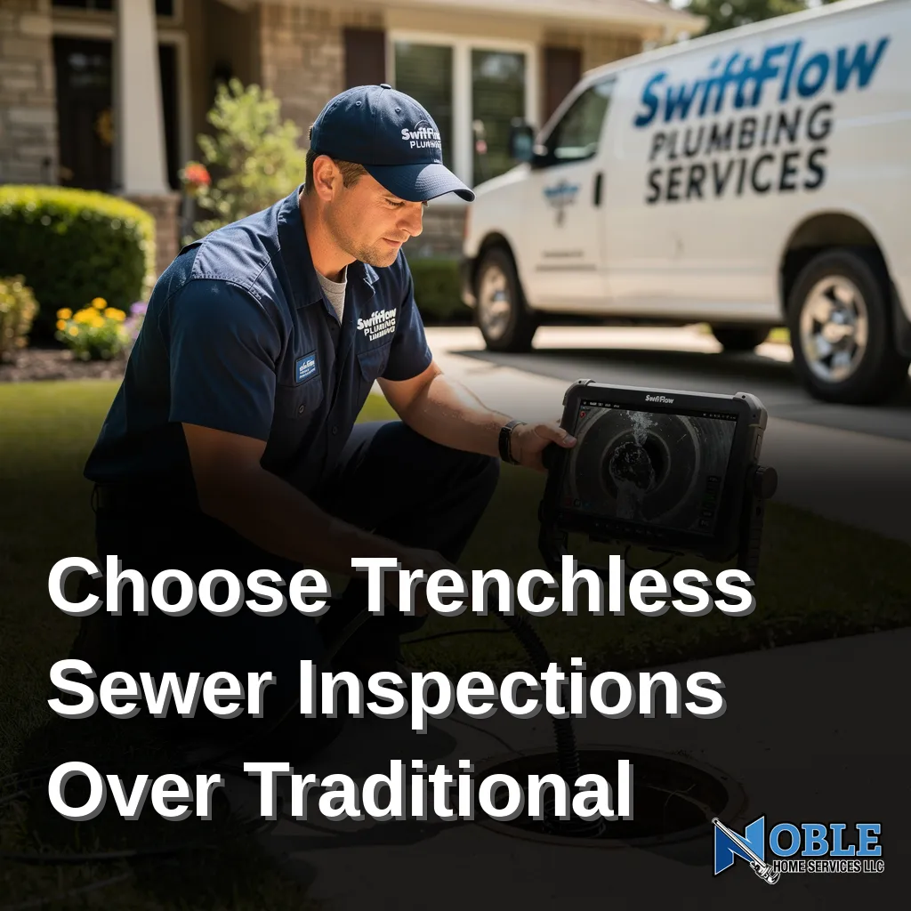Technician feeding a sewer inspection camera into a pipe with minimal yard disruption