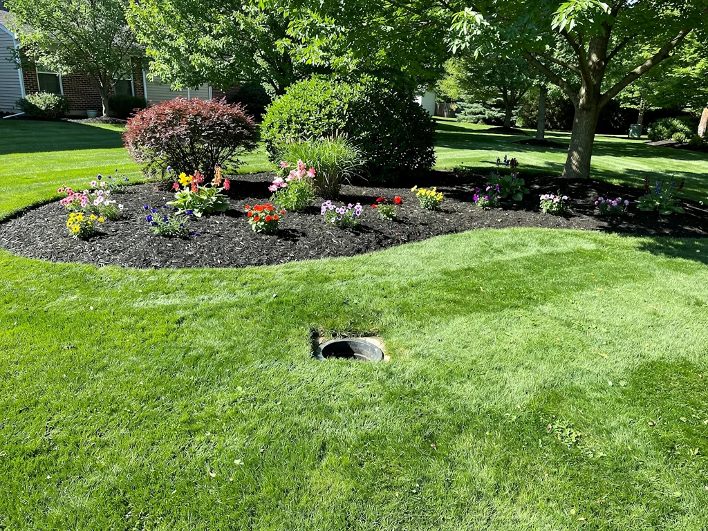 Undisturbed lawn and garden after a trenchless sewer repair with only a small access point