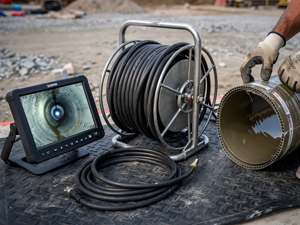 Close-up of sewer inspection camera equipment and resin pipe lining materials used for trenchless repair