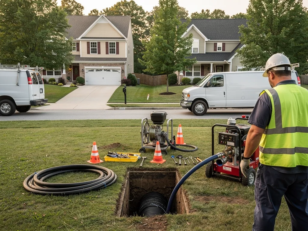 Homeowner reviewing trenchless provider questions with a local technician
