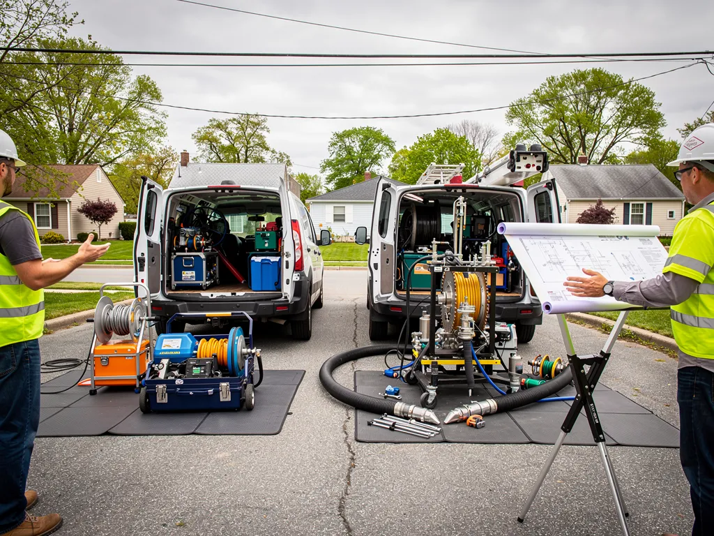 Technician accessing a sewer line through a small trenchless entry point