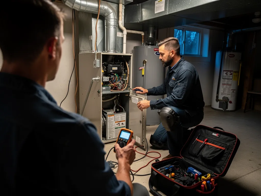 Noble Home Services technician performing furnace repair at a customer's home