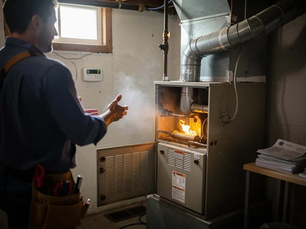 Technician inspecting a residential furnace for common warning signs