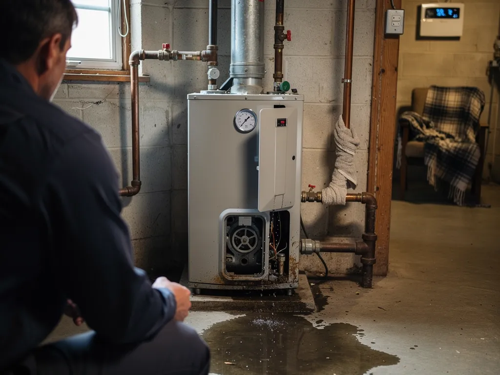 technician inspecting a boiler pressure gauge and pipes