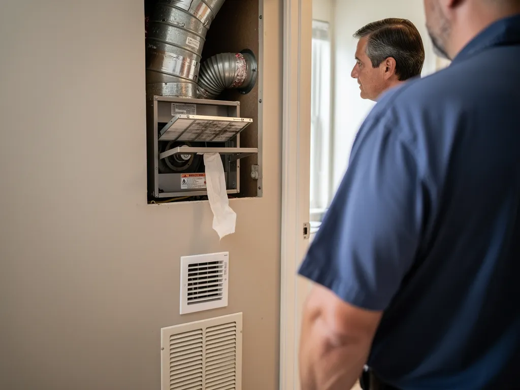 HVAC technician inspecting ductwork and vents for airflow issues