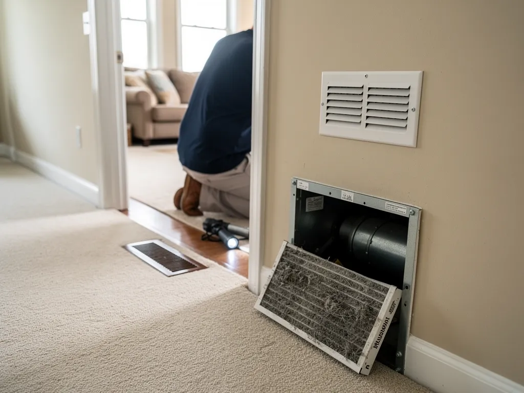 Dirty air filter and blocked vent restricting HVAC airflow