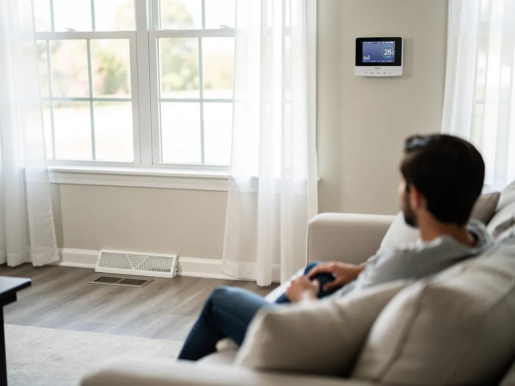 Comfortable living room with balanced HVAC airflow and efficient system