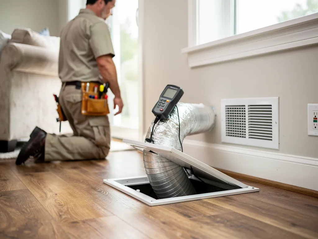 Technician performing airflow inspection Townsend DE on home HVAC vents