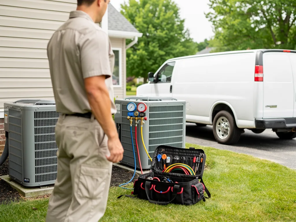 Technician servicing a furnace, heat pump, and ductless mini-split