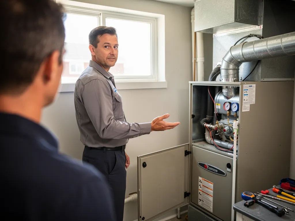 Technician reviewing an HVAC service checklist with a homeowner