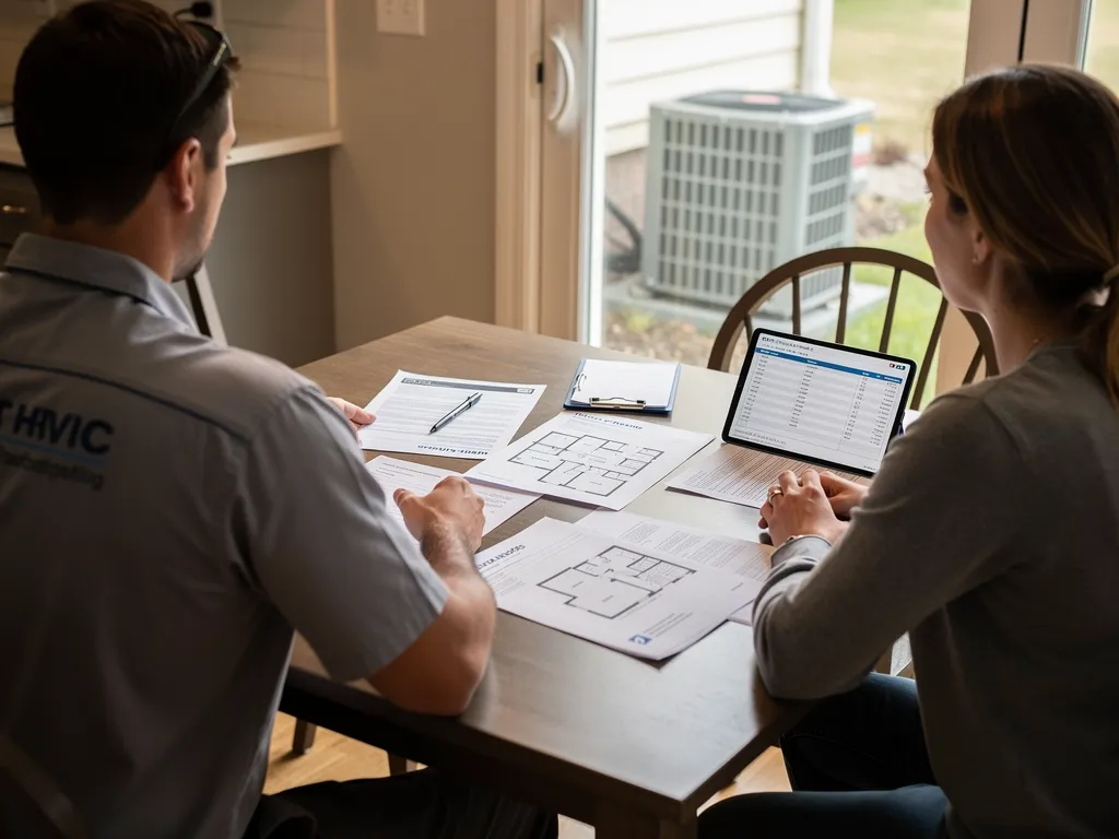 HVAC technician explaining a written repair estimate to a homeowner