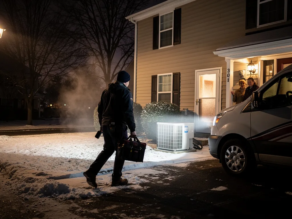 HVAC technician responding to a late-night emergency furnace repair call