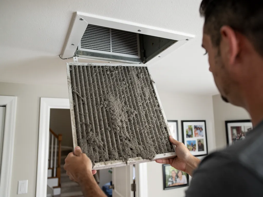 Dirty clogged AC filter compared to a clean replacement filter
