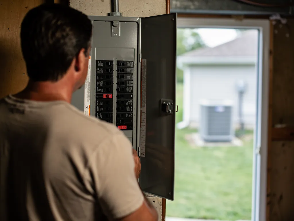 Electrical panel with a tripped circuit breaker switch