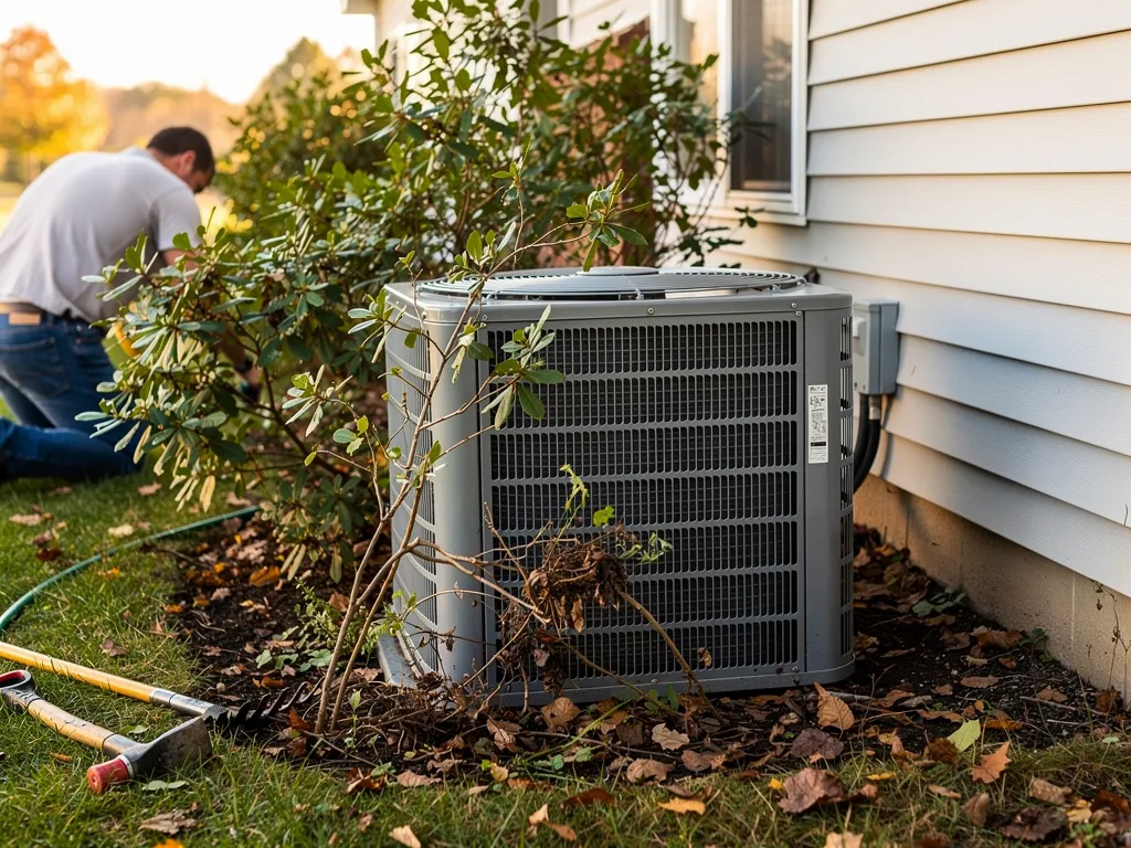 Outdoor AC condenser unit surrounded by leaves and debris