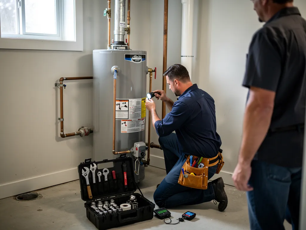 Plumber inspecting a residential water heater installation