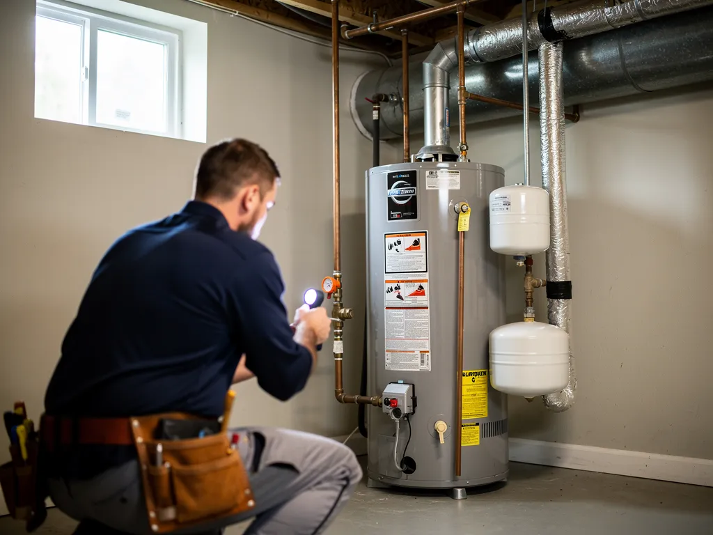 Technician performing annual water heater maintenance and flush