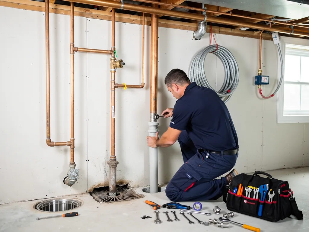 Plumber performing a sewer line and drain service call
