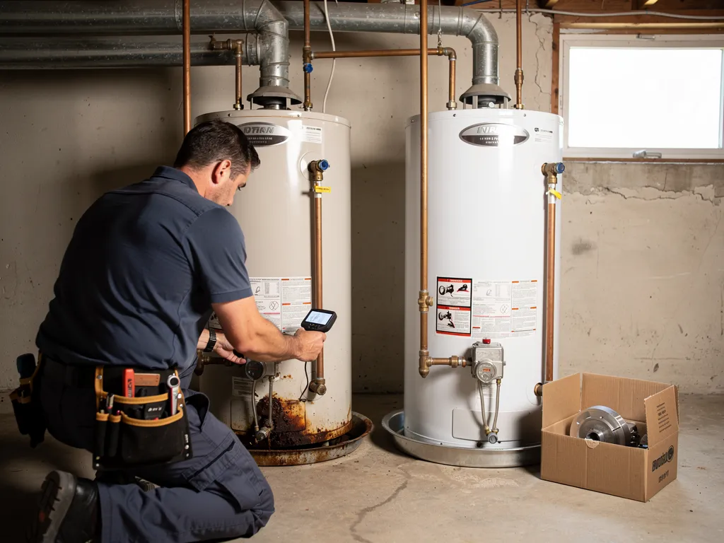 Technician evaluating an aging water heater for repair or replacement