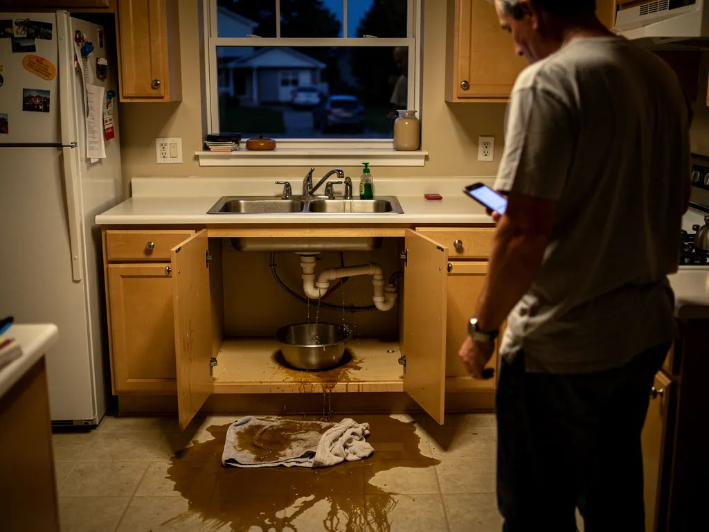 Homeowner checking a shut-off valve near a sink