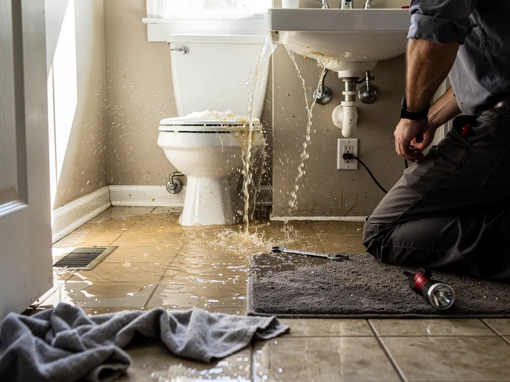 Burst pipe actively spraying water under a sink