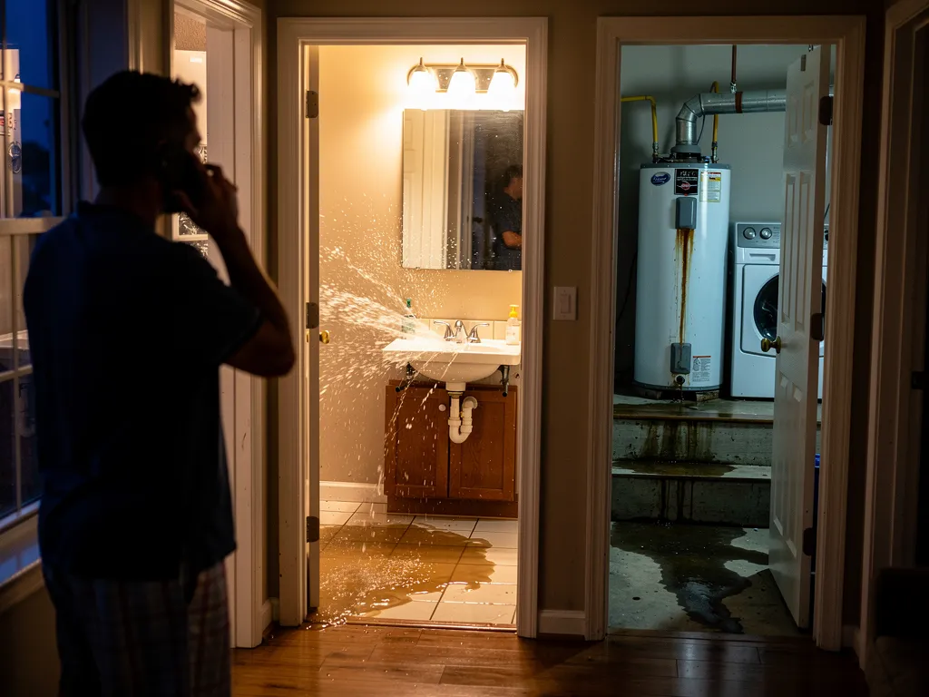 Plumber inspecting a sewage backup in a home drain